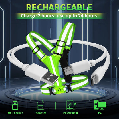 LED Running Vest – USB Rechargeable Reflective Glowing Straps for High Visibility Night Running & Cycling, Elastic Safety Band