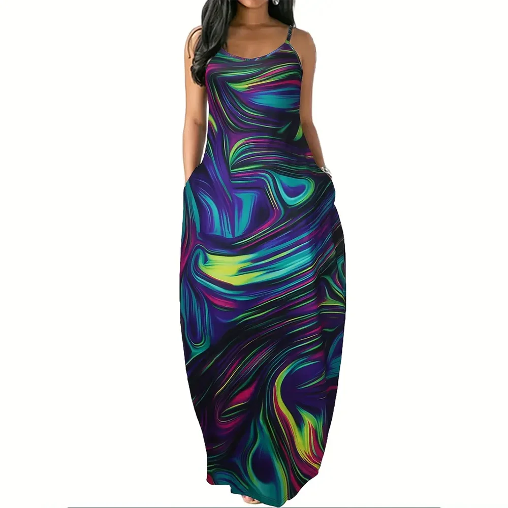 Women’s Summer 3D Butterfly Print Dress – Black & White Sleeveless Spaghetti Strap Loose Long Vest Dress, Plus Size Vintage Style