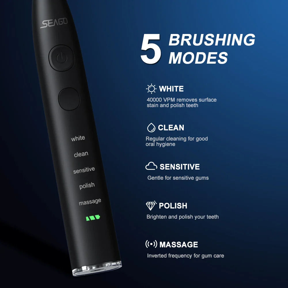 Seago SG-575 Sonic Electric Toothbrush – USB Rechargeable Adult Toothbrush with 4 Replacement Heads, Travel Case & 360-Day Battery Life, IPX7 Waterproof