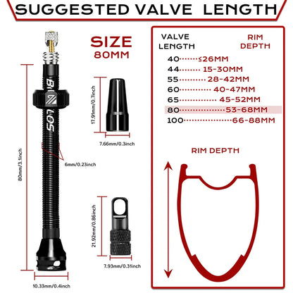 BUCKLOS Tubeless Presta Valves 40–100mm — Aluminum Alloy Bike Valve Stem for Road & MTB