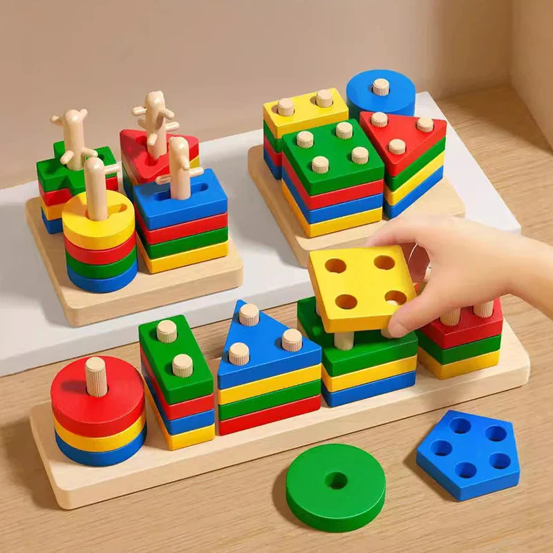 Montessori Wooden Building Blocks – Early Learning Educational Color & Shape Puzzle Toys for Kids