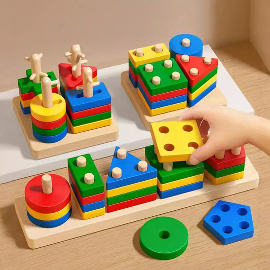 Montessori Wooden Building Blocks – Early Learning Educational Color & Shape Puzzle Toys for Kids