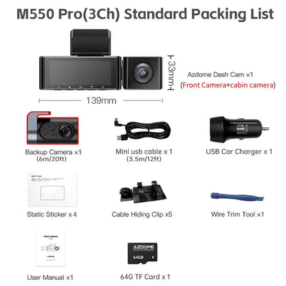 AZDOME M550 Pro 4K Car DVR Dash Cam – WiFi 5.8GHz, Front/Cabin/Rear Cameras, GPS, Night Vision & Parking Monitor