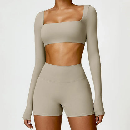 Hearuisavy 2PCS Long Sleeve Gym Set for Women, Quick-Drying Yoga Clothes, Sportswear, Running Leggings, Workout Sports Crop Top