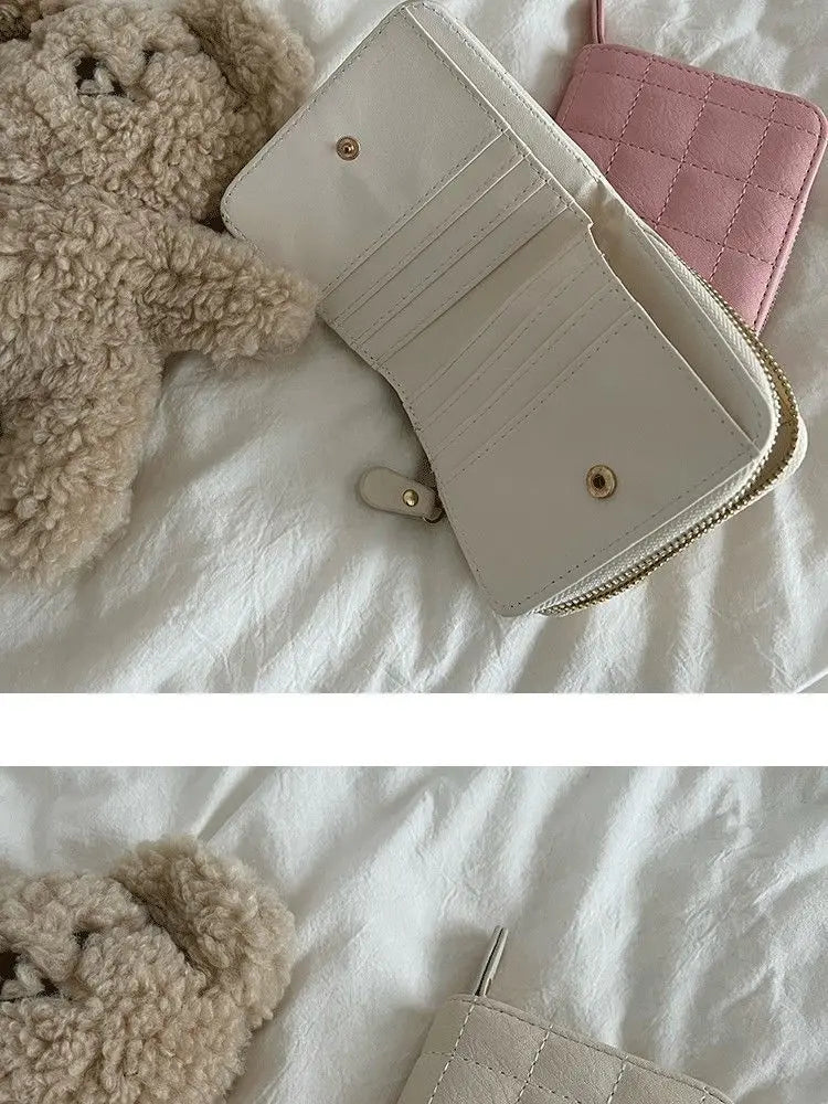Women’s Small PU Leather Zipper Wallet with Coin Purse – Cute Plaid Mini Korean Card Holder, New Arrival