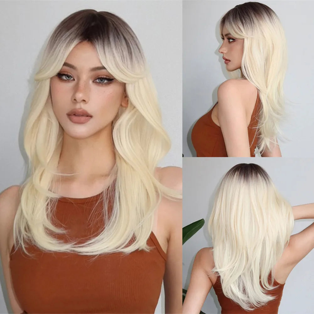 ALAN EATON Blonde Layered Synthetic Wig with Bangs – Long Straight Heat-Resistant Wig for Women & Girls, Natural Daily Hair