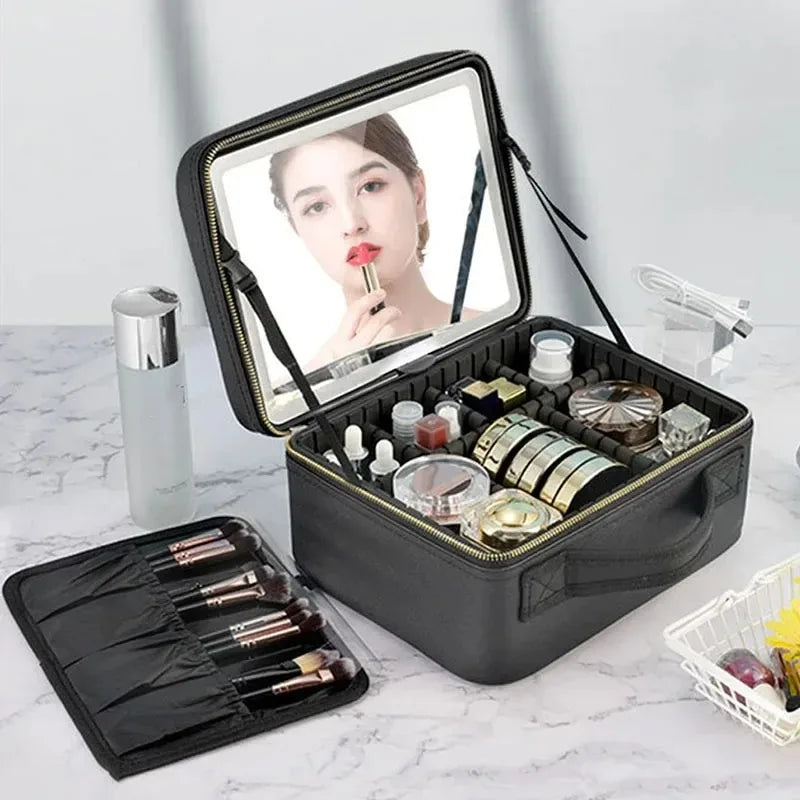 Smart LED Cosmetic Case with Mirror, Large Capacity Travel Makeup Bag for Women, Skincare & Beauty Organizer