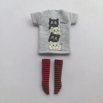 Handmade OB24 1/6 Blyth Doll Clothes – Cartoon T-Shirt with Striped Socks for 1/6 Doll Accessories