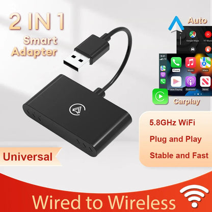 2-in-1 Wired to Wireless CarPlay & Android Auto Adapter – Fast Connect Smart Dongle for Toyota, Mazda, Benz, Audi