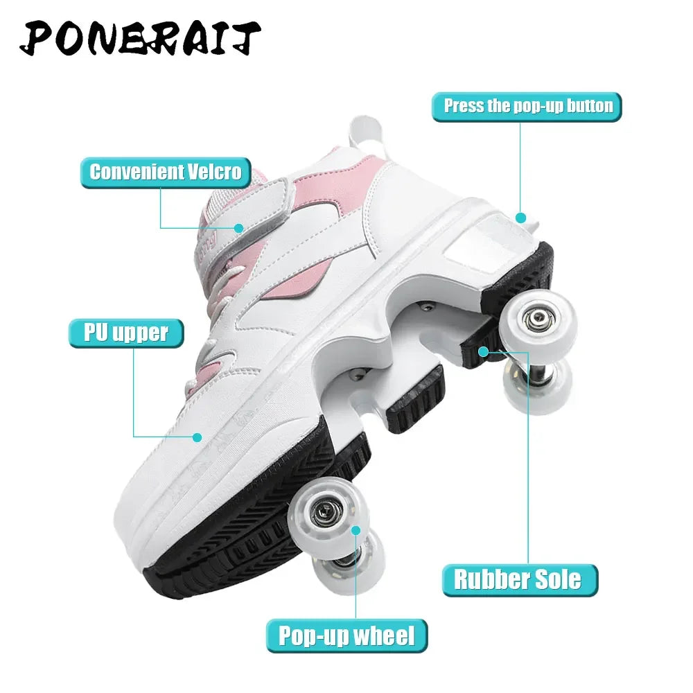 Women's High-Top 4-Wheel Roller Shoes – Fashionable Unisex Pop-Up Sneakers with Wheels, Dual-Purpose Skating & Casual Shoes