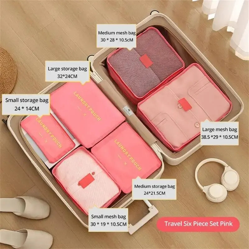 6 Pcs/Set Travel Storage Bag: Pink/Blue/Grey Large Capacity Waterproof Luggage Clothing Underwear Storage with Zipper
