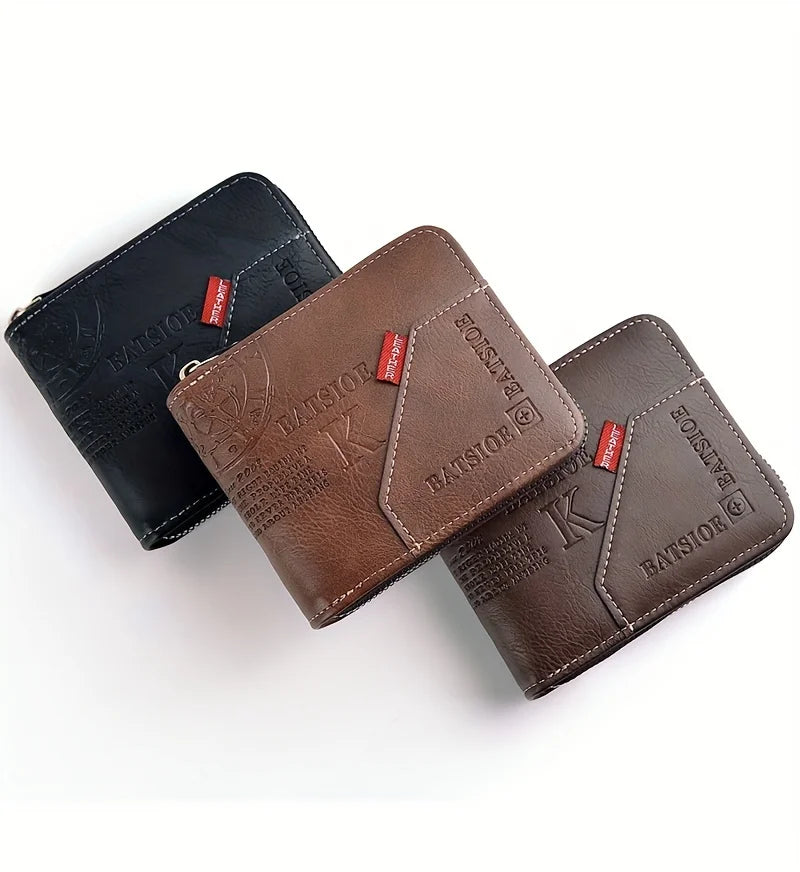 Men's PU Wax Oil Skin Wallet – Short Card Holder & Coin Purse with Zipper Around for Men