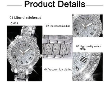 6PCS Women's Elegant Crystal Watch Set – Luxury Alloy Quartz Wristwatches with Rhinestone Bracelet, Perfect Gift for Ladies