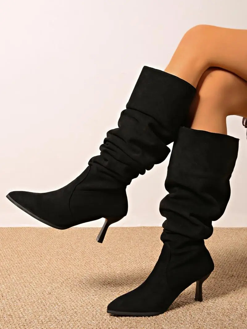 2025 Women’s Retro Black Suede Knee-High Boots – Pointed Toe, High Heel, Plus Size