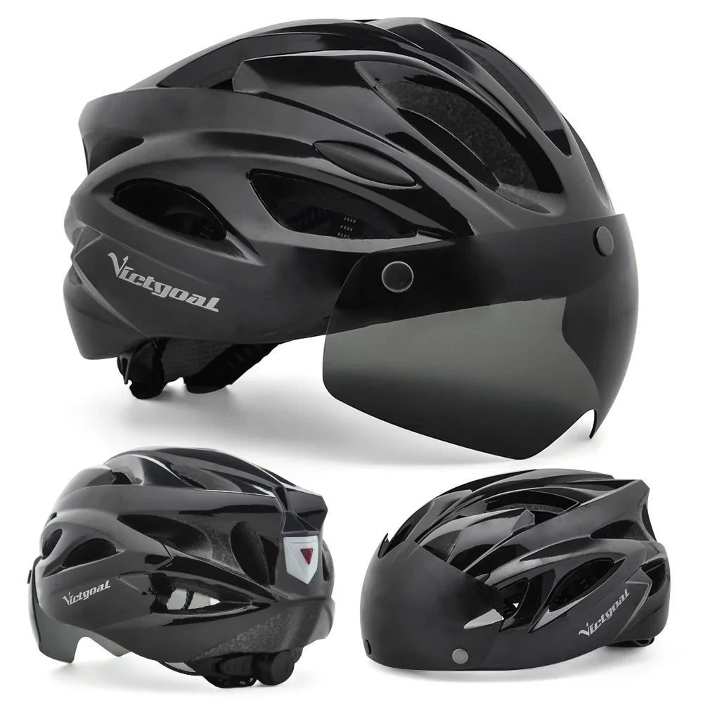 VICTGOAL Cycling Helmet for Men – MTB & Electric Scooter Safety Helmet with LED Taillight, Magnetic Goggles & UV400 Sun Visor