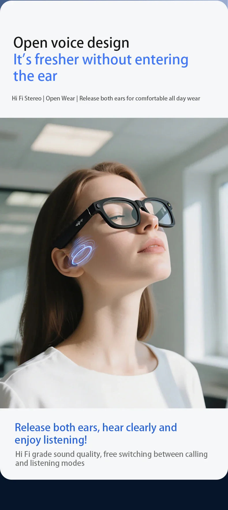 Blackview BV100 Smart Glasses — HD Camera, Bluetooth 5.4, 220mAh Battery, Stereo Bass Speakers, Noise-Cancelling Mic, Wear Detection