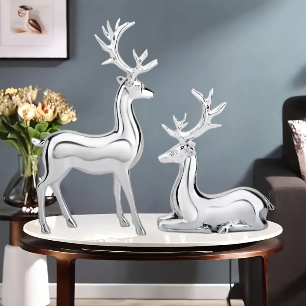 Nordic Christmas Deer Resin Statue Set – Electroplated Double Reindeer Home & Office Desktop Decoration