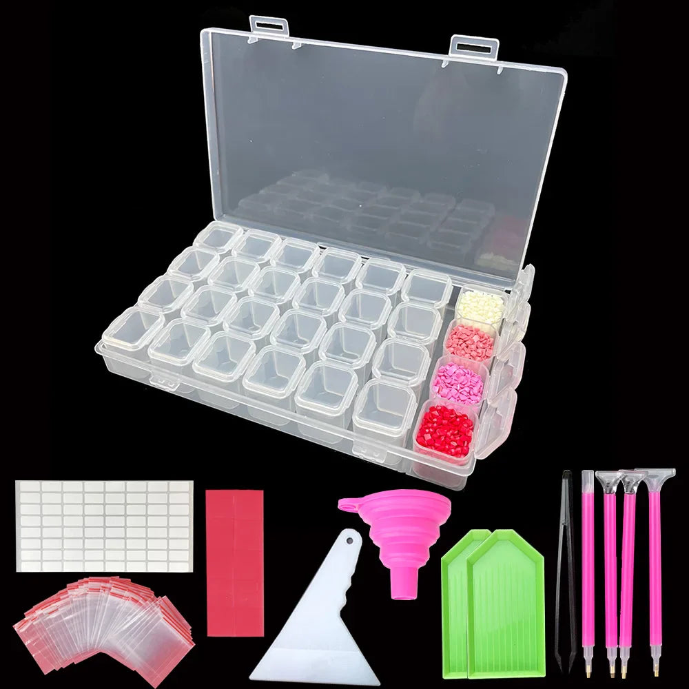 28-Grid Diamond Painting Storage Box – With Funnel, Sticker, Pen, and Embroidery Accessories Container