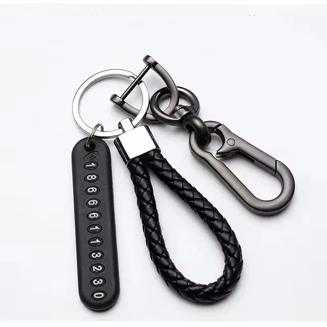 Trendy DIY Mobile Number Plate Keychain – Men’s Punk Woven Leather Rope, Anti-Lost Car Keychain Accessory