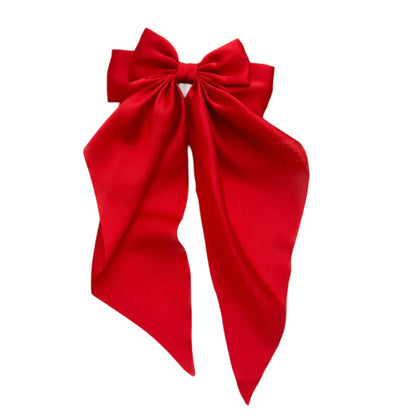 Ladies Satin Oversized Ribbon Bow Hair Clip – White, Pink, Red, Blue, Black, Long Tail Spring Clip for Ponytail Hair Accessories
