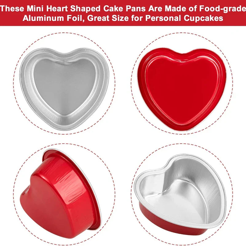 50Pcs 100ml Tin Foil Aluminum Pudding Cups with Lid - Heart-shaped Disposable Mini Mousse Cupcake Containers Baking Moulds