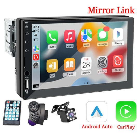 1-DIN Car Radio with 7’’ HD Touch Screen — Android Auto & CarPlay Multimedia Player, FM, AUX, Bluetooth, MirrorLink Universal Autoradio
