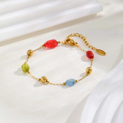 Colorful Rainbow Stone Boho Necklace - Stainless Steel Beaded Y-Shaped Chain Jewelry for Women’s Fashion Style