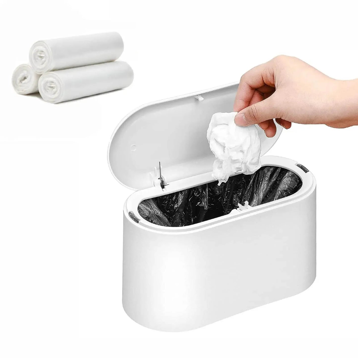 Mini Trash Can with Lid - Small Desk Trash Can, Countertop Garbage Can with 3 Free Roll Bags - Compact and Convenient Waste Basket in White