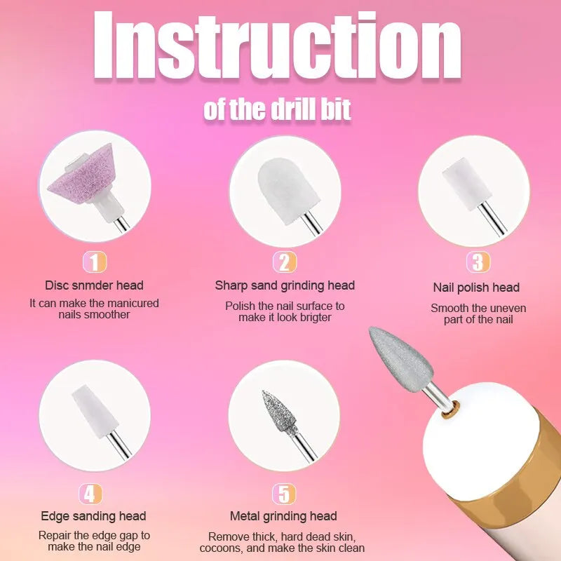 5-in-1 Electric Nail Polish Drill Machine: Portable Mini Manicure Art Pen with Light - Tools for Gel Removal & More