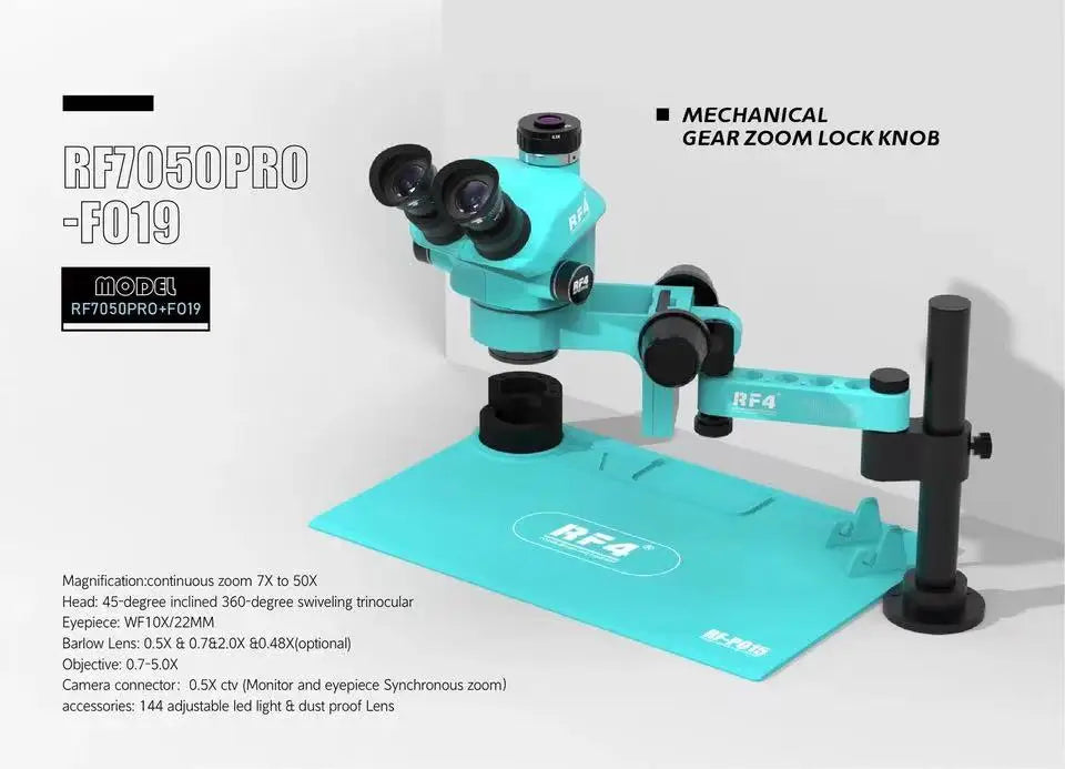 RF4 Trinocular Stereo Microscope Set – 360° Rotation Articulating Arm Stand, Phone Soldering & PCB Repair, Model RF7050TVPRO-F019