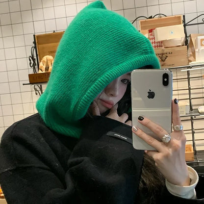 Knitted Hooded Balaclava Hats for Women – Korean Style Winter Outdoor Warmer, Drawstring Neck Collar Beanie Cap
