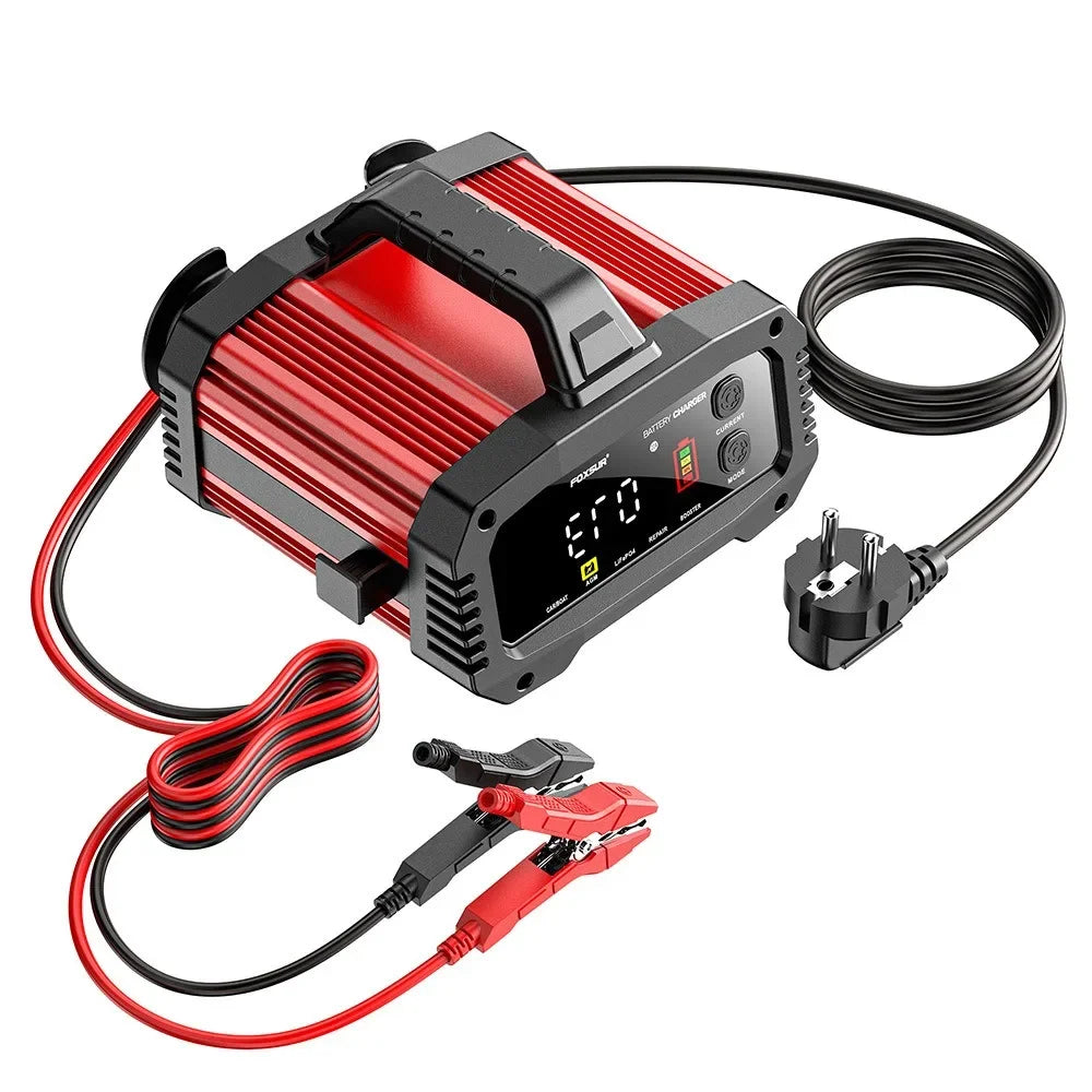 Portable 25A/15A Smart Car Battery Charger — 12V/24V AGM, GEL, LiFePO4 Motorcycle & Car Booster with Pulse Repair