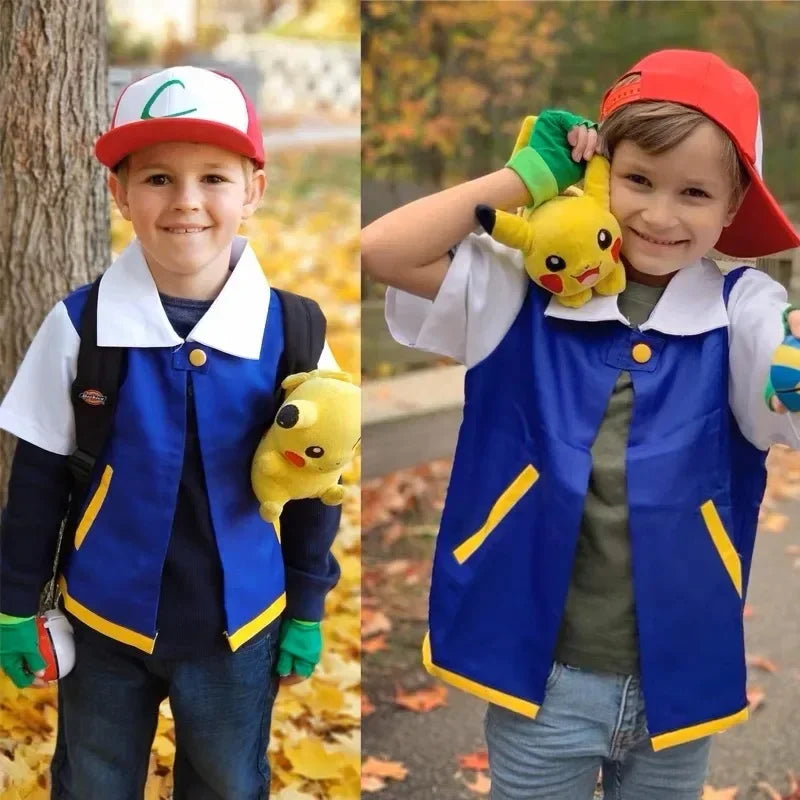 Men’s Anime Trainer Cosplay Costume — Ash Ketchum Outfit for Halloween & Parties with Blue Jacket, Cap & Gloves Set