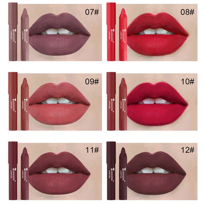 12-Color Natural Matte Lipstick Pencil – Silk Lip Glaze Waterproof, Long-Lasting Sexy Lip Tint Makeup