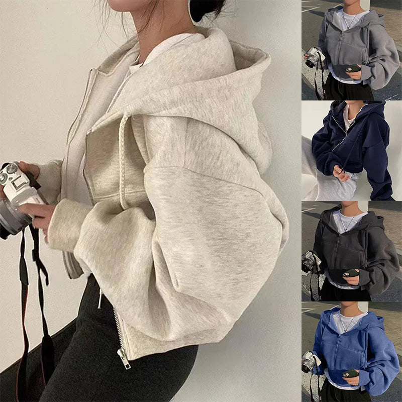 2024 Women’s Fleece-Lined Hooded Sweatshirt – Cropped Zip-Up Slim Fit Warm Navy Blue Casual Hoodie for Spring & Autumn Fashion