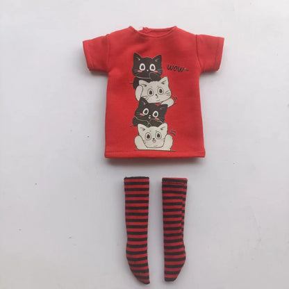 Handmade OB24 1/6 Blyth Doll Clothes – Cartoon T-Shirt with Striped Socks for 1/6 Doll Accessories