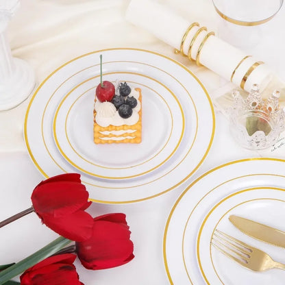 700PCS Gold Plastic Dinnerware Set – White & Gold Plates with 100 Napkins, Serves 100 Guests, Disposable Wedding Party Set
