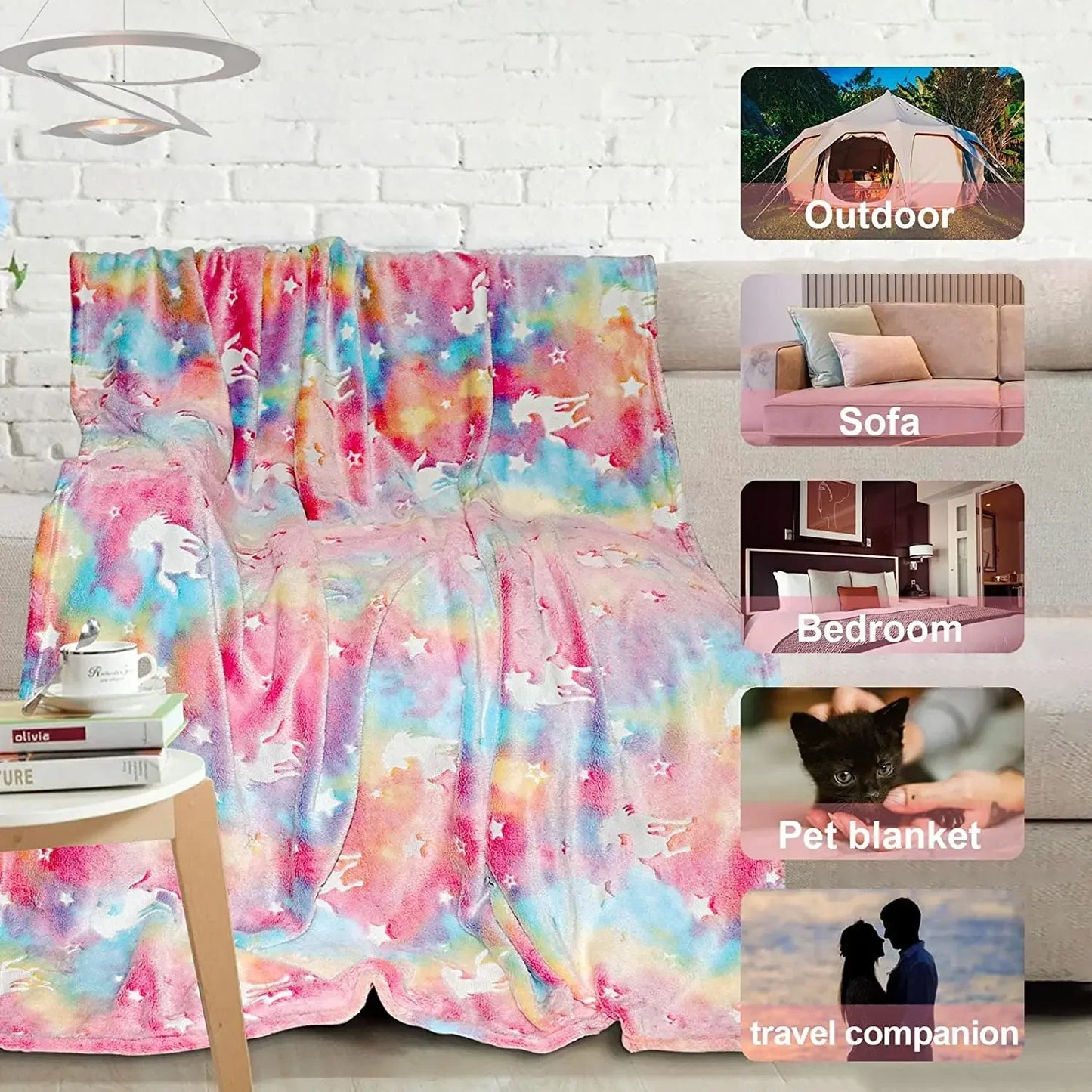 Luminous Unicorn & Dinosaur Plush Blanket – Glow-in-the-Dark Soft Flannel Throw for Boys & Girls, Christmas Gift