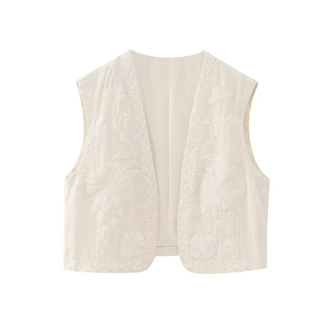 KEYANKETIAN Women's Vintage Floral Embroidered Open Waistcoat – National Style Vest Jacket, Casual Vacation Crop Top