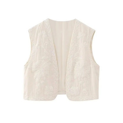 KEYANKETIAN Women's Vintage Floral Embroidered Open Waistcoat – National Style Vest Jacket, Casual Vacation Crop Top