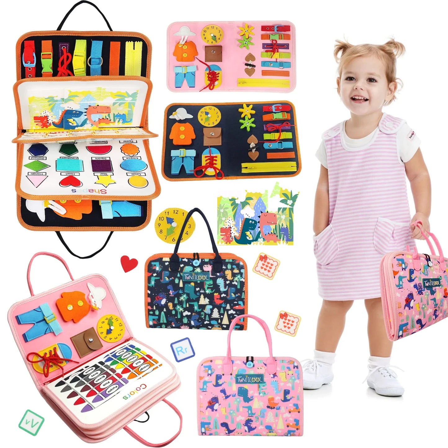 TUNJILOOL Montessori Busy Board – Early Educational Toy for Toddlers, Felt Cloth Story Book, 3D Shape & Color Match