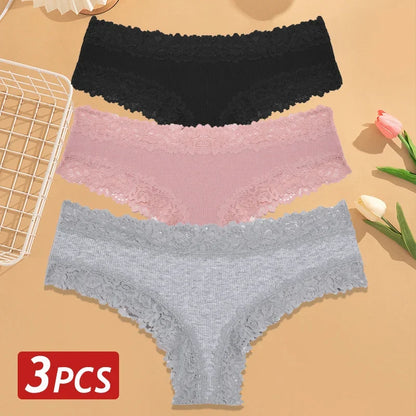 3PCS Women’s Cotton Lace Panties Set - Low Waist Brazilian Bikini Underwear Soft Floral Lingerie T-Back Style