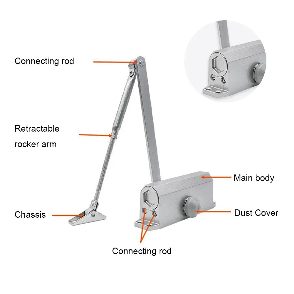 25-85KG Hydraulic Automatic Door Closer - Adjustable Speed, Positioning Door Stop & Protective Holder Hardware (1PCS)