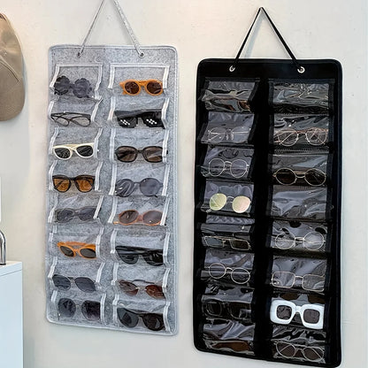 16 Slot Eyeglass Organizer - Felt Wall Mounted Sunglasses Holder with Dustproof Pocket Storage Display Bag