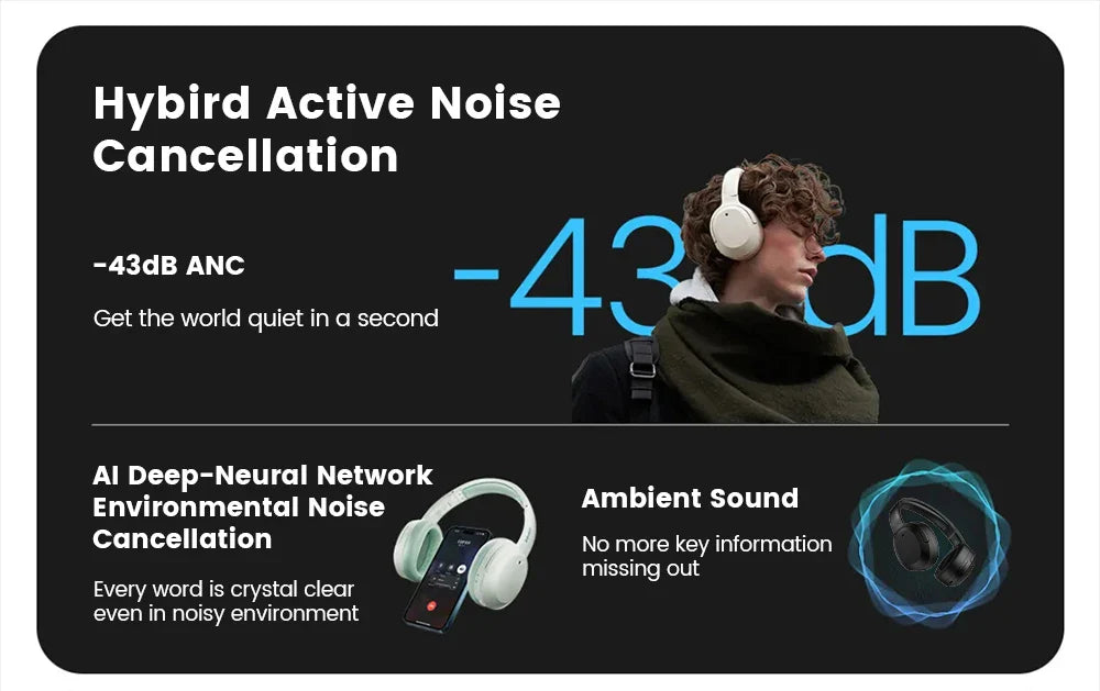Edifier W820NB Plus Wireless Headphones – 43dB ANC, Hi-Res LDAC, 49H Playtime, Over-Ear Bluetooth Headset