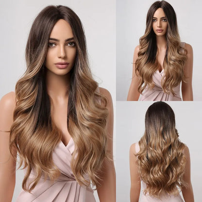 Long Pink Wavy Wig for Women — Middle Part Synthetic Hair, Heat-Resistant, Natural-Looking Cosplay Wig