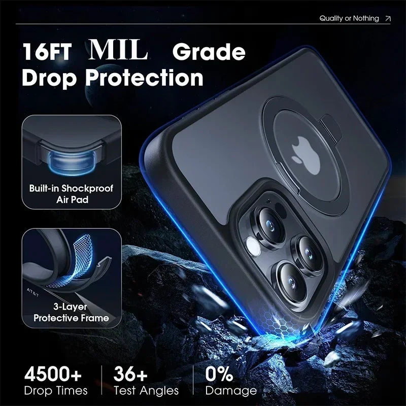 MagSafe Magnetic Metal Ring Case - Matte Protective iPhone 12-17 Pro Max Cover with Lens Protector and Stand Grip Design