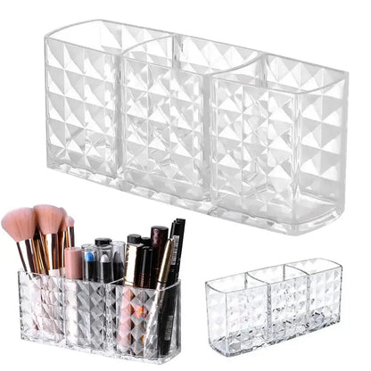 3-Slot Acrylic Makeup Organizer - Transparent Cosmetic Brush, Lipstick & Pencil Holder