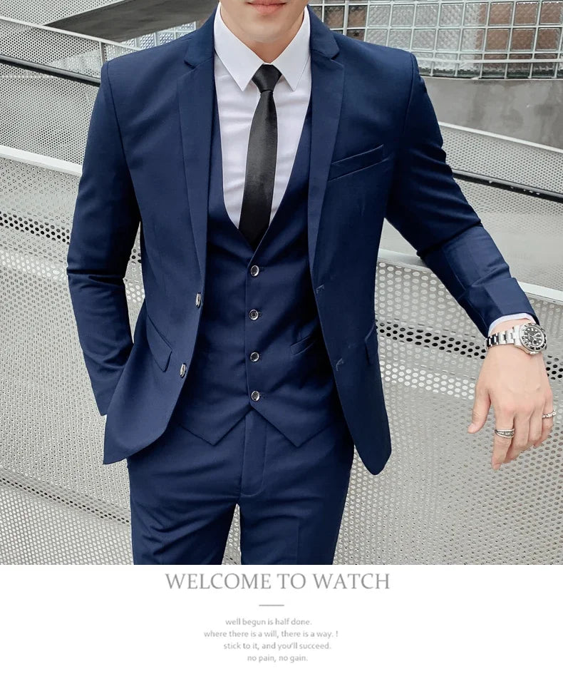 Men’s Business Suit Set — Blazer, Vest & Pants, Slim Fit Solid Color Wedding & Formal Dress Suit, Plus Size