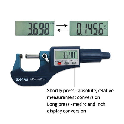 SHAHE 0.001mm Electronic Outside Micrometer — 0-25mm Digital Caliper Gauge for Precision Measurement